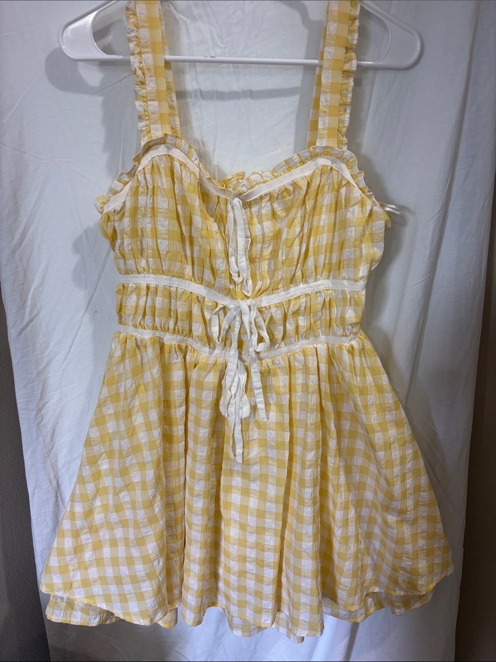 Just Me Yellow Gingham Ruffle Strap Dress